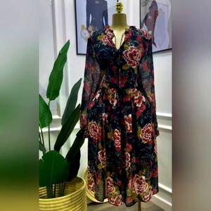 Elegant Red and Black V-Neck Long Sleeve Sundress